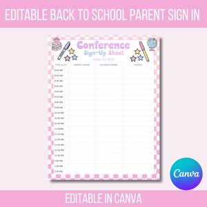 Puede incluir: Una hoja de inscripción a la conferencia rosa y blanca con el texto "Conference Sign-Up Sheet" y "Editable Back to School Parent Sign In". La hoja incluye franjas horarias, espacios para los nombres de los padres y estudiantes y notas. El diseño incluye estrellas, un bolígrafo, un globo y una pila de libros.