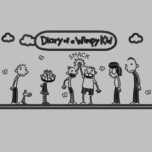 May include: Black and white illustration of characters from the book series "Diary of a Wimpy Kid". The characters are standing on a line and one character is giving a high five to another character. The text "SMACK" is above the characters.