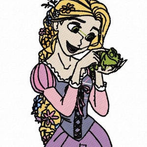 Peut inclure: Une illustration de dessin animé d'une princesse avec de longs cheveux blonds portant une robe violette et rose. Elle tient une grenouille verte dans ses mains. La princesse a une expression joyeuse sur son visage.