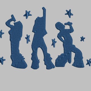 Può includere: Tre figure blu a silhouette di persone che ballano con stelle sullo sfondo. Le figure sono in un tessuto simile al denim.