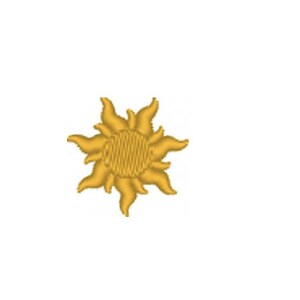 May include: A gold sun with a stylized design, resembling a cartoon sun with rays.