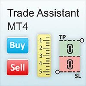 Pode incluir: Gráfico com as palavras "Trade Assistant MT4", botões "Buy" e "Sell", uma régua amarela marcada de 1 a 5, e secções verde e vermelha rotuladas "TP" e "SL".