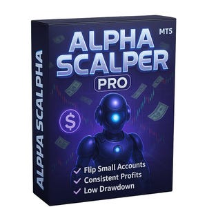 Puede incluir: Caja de producto azul oscuro con el texto "ALPHA SCALPER PRO" y una ilustración de robot. El diseño incluye símbolos de dólar y gráficos de dinero cayendo. También es visible el texto "Flip Small Accounts, Consistent Profits, Low Drawdown".