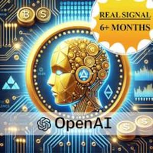 Può includere: Una moneta d'oro con la testa di un robot su sfondo blu. La moneta presenta un design a circuito stampato e il testo "OpenAI" in bianco. L'immagine include anche uno striscione giallo con il testo "REAL SIGNAL 6+ MONTHS".