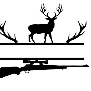 May include: Black silhouette of a deer with antlers, a rifle with a scope, and two sets of antlers on either side of a split line.