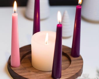 Wooden Advent Wreath Taper Candle Holder Dining Table Centerpiece Made of Walnut or Maple, for Christmas Day, Date Night, Candle Lit Dinner
