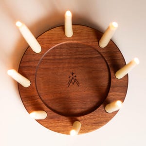 Large Wooden Candle Wreath, 8 Taper Candle Holder Minimal Centerpiece for Dining Table, Birthday Celebrations, Date Night Novena, Countdown.