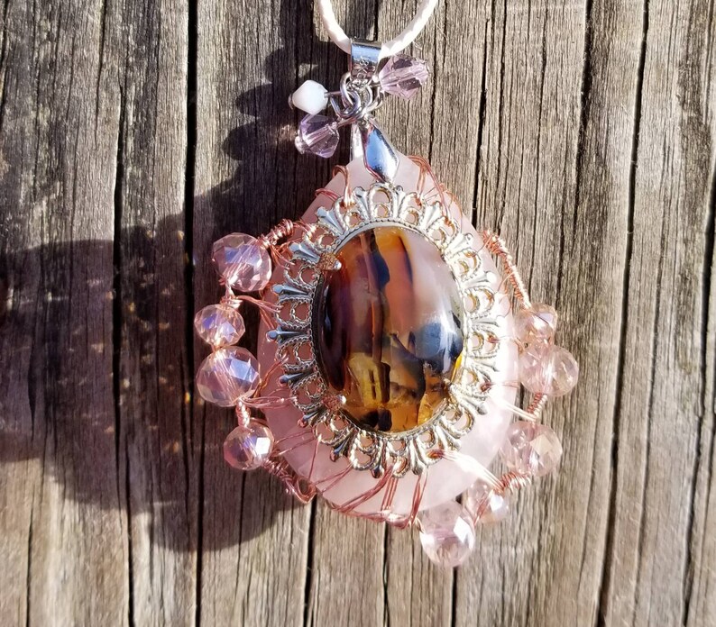 Pink Quartz Tree of Life Pendant Necklace OOAK