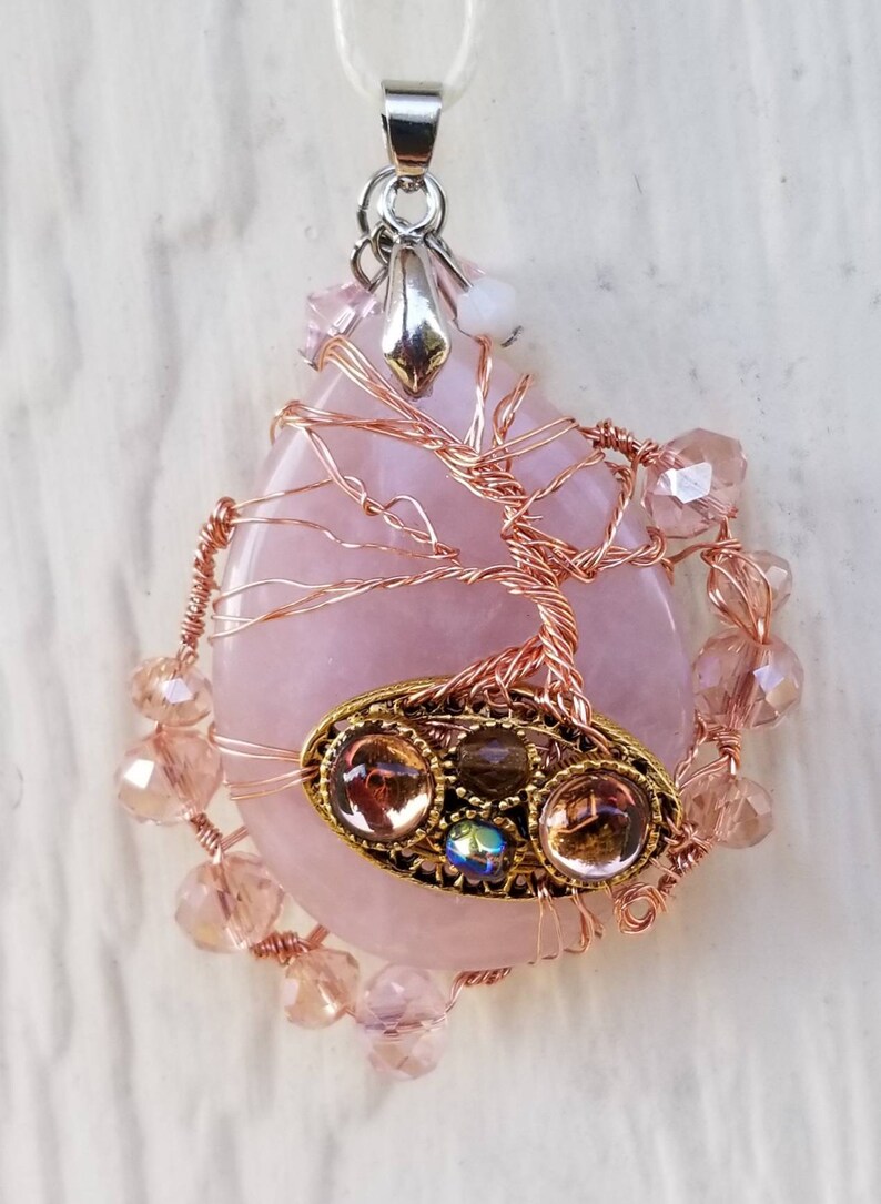 Pink Quartz Tree of Life Pendant Necklace OOAK