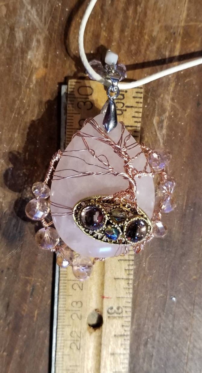 Pink Quartz Tree of Life Pendant Necklace OOAK