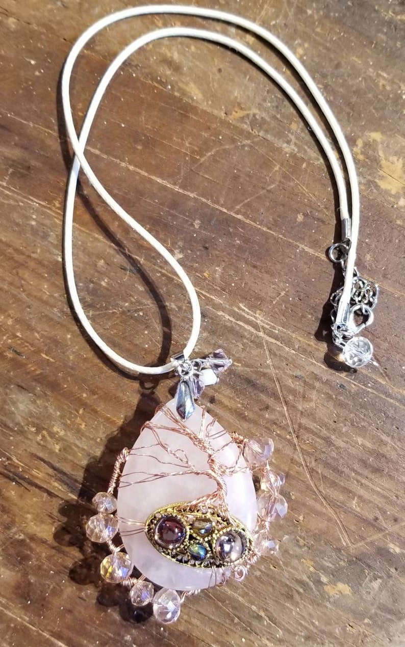 Pink Quartz Tree of Life Pendant Necklace OOAK