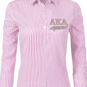 May include: A button-down shirt with vertical pink and white stripes. The shirt features long sleeves and a collar. The left chest has the text "AKA Sorority, Inc." in green and pink.