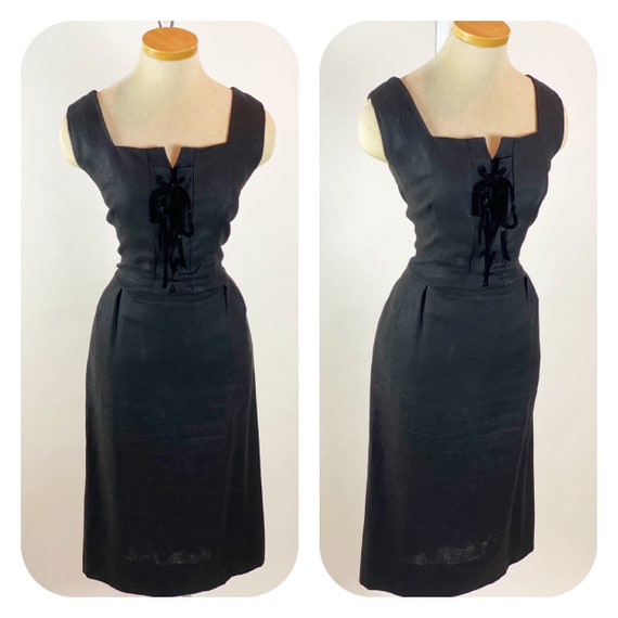 Vintage 1950's Linen Lace up Bust Cocktail Wiggle