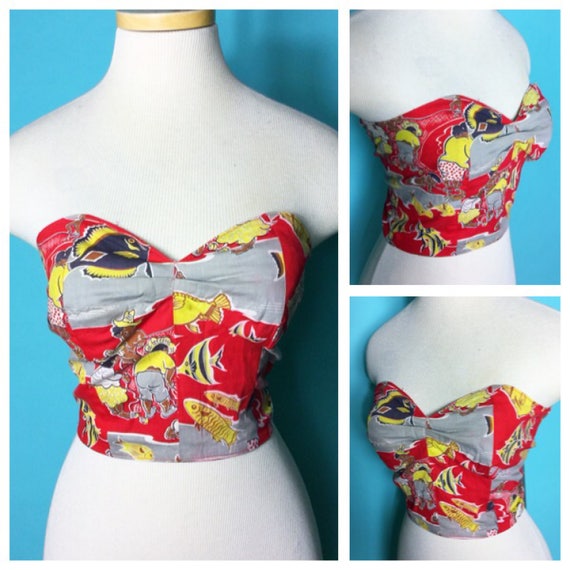 Vintage 1950s Novelty print Hukilau strapless bus