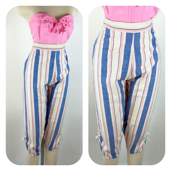 Vintage 1950s Cotton striped lace up ankle capri p