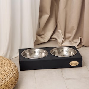 Elevated Pet Feeder Stand with Two Stainless Steel Bowls - Wooden Dog Bowl Holder - Raised Dog Feeder - Gift for Puppy and Cat Lovers