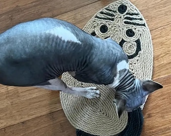 Könnte beinhalten: Eine haarlose Katze schnuppert an einem beige-schwarzen Seil-Teppich mit geometrischem Muster. Der Teppich ist oval geformt und hat einen schwarzen Seilrand.