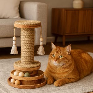 Modern Cat Scratching Post – Stylish Wooden Sisal Tower with Balls, Minimalist Cat Furniture, Interactive Cat Toy, Gift for Cat Lovers