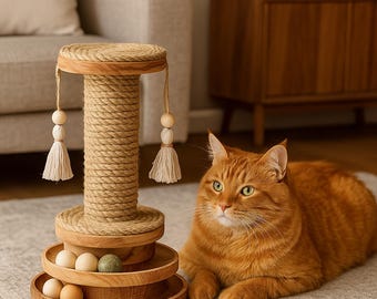 Modern Cat Scratching Post – Stylish Wooden Sisal Tower with Balls, Minimalist Cat Furniture, Interactive Cat Toy, Gift for Cat Lovers