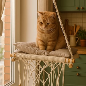 Cat Window Perch, Cat Hammock, Cat Window Bed, Macrame Hanging Cat Seat, Wood Cat Shelf, Minimalist Pet Furniture, Cozy Window Lounger