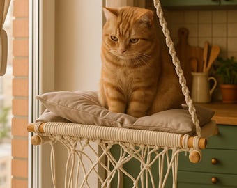 Cat Window Perch, Cat Hammock, Cat Window Bed, Macrame Hanging Cat Seat, Wood Cat Shelf, Minimalist Pet Furniture, Cozy Window Lounger