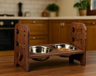 Adjustable Dog Bowl Stand Elevated Wooden Feeder with Stainless Steel Bowls Rustic Pet Feeding Station for Small and Large Dogs Puppy Gift