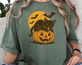 Black Cat Halloween-shirt comfortkleuren, nostalgisch Halloween-shirt, trendy Halloween-T-shirt, cadeau voor Halloween, vintage kat Halloween-shirt