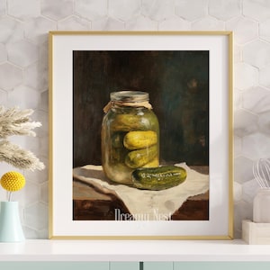 Impresión artística de pepinillos, pintura en tarro de pepinillos, póster de arte de cocina, regalo de pepinillos para amantes de los pepinillos, arte de pared de pepinillos imprimible, impresiones de alimentos, descarga digital