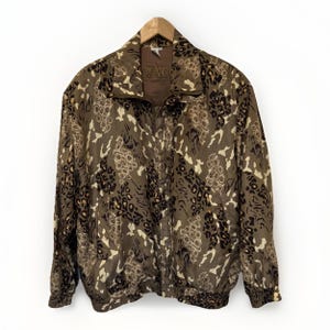 Vtg 80s coAco Womens Silk Bomber Jacket L Brown Animal Print Oversized Mobwife