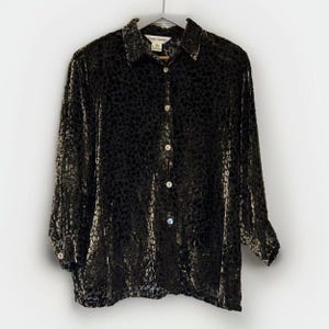 Paolo Santini Womens Silk Blouse 14 Black Burnout Velvet Animal Print Sheer VTG