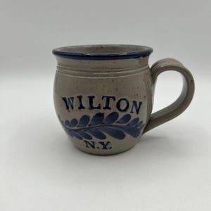 Westerwald Pottery Stoneware Mug Signed 3.5 in Blue Leaf PA Made USA Wilton NY