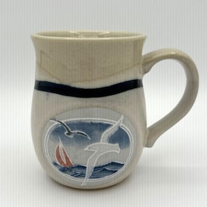Vintage Otagiri Coffee Tea Mug Sailboat Flying Seagull Bird Blue Gray Stoneware