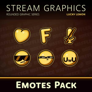 Peut inclure: Ensemble de six émoticônes jaunes avec des contours noirs, comprenant un cœur, la lettre F, un microphone, un visage avec des lunettes de soleil, un visage avec un regard de côté et un visage avec le texte "UwU". Le texte "STREAM GRAPHICS" et "EMOTES PACK" sont également visibles.