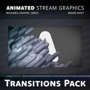 May include: Animated stream graphics transitions pack. The image features a dark grey background with the text "ANIMATED STREAM GRAPHICS" and "TRANSITIONS PACK" in white. A large white "A" is visible, with a textured, blue and grey design.