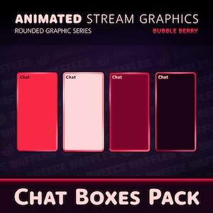 May include: Four animated chat boxes with rounded corners and a red outline. The boxes are labeled "Chat" and have different colored backgrounds: red, pink, dark red, and black.