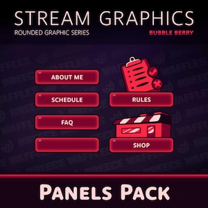 Op de afbeelding: Een set van vijf rode stream-panelen met afgeronde hoeken. De panelen bevatten tekst die "Over mij", "Schema", "FAQ", "Regels" en "Winkel" luidt. De panelen maken deel uit van een "Stream Graphics"-pakket genaamd "Bubble Berry" en zijn gemarkeerd met "Panels Pack".