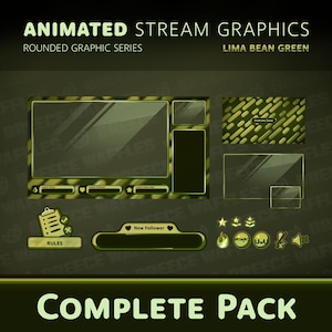 Può includere: Un pacchetto completo di grafiche animate per streaming dal design arrotondato, con schema di colori verde lima. Include varie sovrapposizioni, avvisi e pannelli con testo come "Regole" e "Nuovo follower".