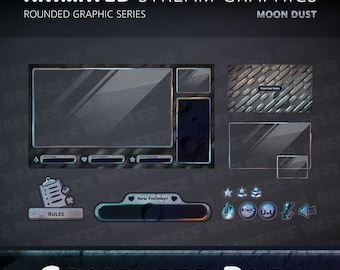 Complete Pack - Stream Package for TWITCH - Rounded Graphic - Screens, Overlays, Alerts, Panels - Moon Dust (GRAY)