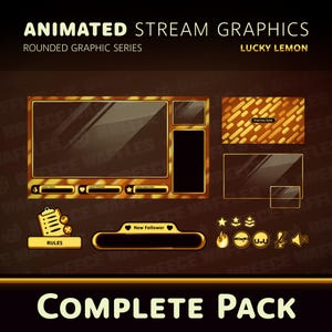 Peut inclure: Graphismes de diffusion animés pour Twitch ou YouTube avec un schéma de couleurs or et noir. Les graphismes comprennent un cadre de webcam, un écran de démarrage imminent, une alerte de nouveau follower, un panneau de règles et divers autres superpositions. Le texte "Lucky Lemon" et "Complete Pack" est visible.