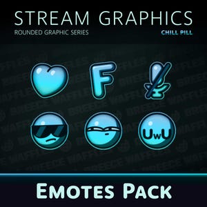 Op de afbeelding: Een set van vijf blauwe en witte geanimeerde Twitch-emotes met afgeronde randen. De emotes omvatten een hart, de letter F, een microfoon met een streep erdoor, een zonnebril en een gezicht met de tekst "uwu". De tekst "EMOTES PACK" staat onderaan de afbeelding.