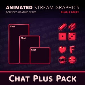 May include: Animated stream graphics pack with a red and black color scheme. The pack includes three chat boxes with the word "Chat" in white text, and a variety of animated icons including dice, a heart, a letter F, and sunglasses.