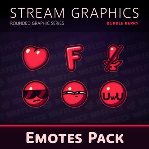 Peut inclure: Un ensemble de 6 émojis Twitch rouges et blancs aux bords arrondis. Les émojis comprennent un cœur, la lettre F, un microphone coupé, des lunettes de soleil, un visage surpris et un visage avec le texte "uwu". Les émojis font partie d'un pack "Stream Graphics" appelé "Bubble Berry".