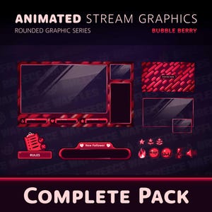 Peut inclure: Graphismes de diffusion animés pour Twitch ou YouTube avec un schéma de couleurs rouge et noir. Les graphismes comprennent un cadre de webcam, un écran de démarrage imminent, une alerte de nouveau follower, un panneau de règles et d'autres éléments. Le texte "Bubble Berry" et "Complete Pack" est visible.