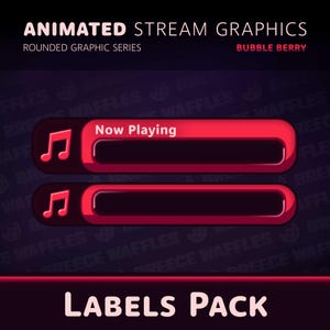 Puede incluir: Dos gráficos de transmisión animados rojos con esquinas redondeadas. Los gráficos presentan un icono de nota musical y el texto "Now Playing".