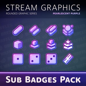 Puede incluir: Un conjunto de insignias secundarias de color púrpura nacarado con un diseño de serie gráfica redondeada. El conjunto incluye varias formas como pastillas, cubos y dados, con un efecto degradado. El texto "STREAM GRAPHICS" y "SUB BADGES PACK" son visibles.