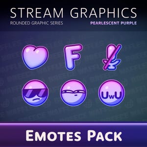May include: A collection of pearlescent purple stream graphics emotes. The set includes a heart, the letter F, a microphone with a slash, a face with sunglasses, a face with a neutral expression, and a face with "UwU" text.