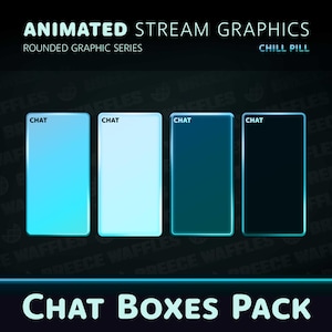 Könnte beinhalten: Vier animierte Chat-Boxen mit abgerundeten Ecken. Die Boxen sind in zwei Farbschemata gehalten: hellblau und dunkelblau. Der Text "CHAT" erscheint oben in jeder Box.