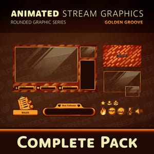 Puede incluir: Gráficos de transmisión animados para Twitch o YouTube con un tema Golden Groove. Los gráficos incluyen un cuadro de chat, una alerta de nuevo seguidor, una sección de reglas y un conjunto de iconos animados.