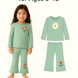 May include: A mint green kids' flare pants outfit with a matching long-sleeved top and pants. The top features a daisy graphic, and the outfit includes red flower embroidery. The image includes the text "Printable Pattern for Ages 3-10" and "Kids Flare Pants Outfit Digital Download PDF."