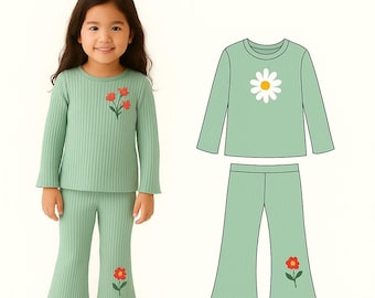 Girls Bell Bottom Outfit Sewing Pattern | Kids Flared Pants & Top (PDF)